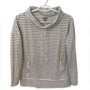 Talbots White Grey Stripe Drawstring Cowl Neck Pocket Pullover Women Size Small